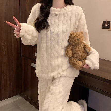 White Coral Fleece Jacquard Thermal Pajama Set — Autumn/Winter Fleece-Lined, Thickened, Casual Loungewear