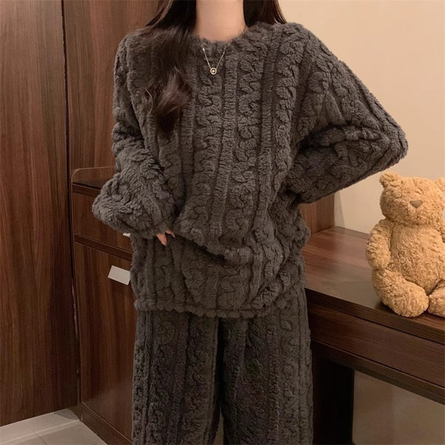 Grey Coral Fleece Jacquard Thermal Pajama Set Autumn/Winter Fleece-Lined Thickened Casual Loungewear