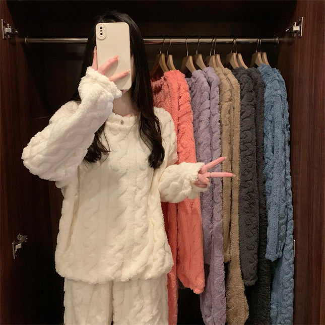 Grey Coral Fleece Jacquard Thermal Pajama Set Autumn/Winter Fleece-Lined Thickened Casual Loungewear – product detail