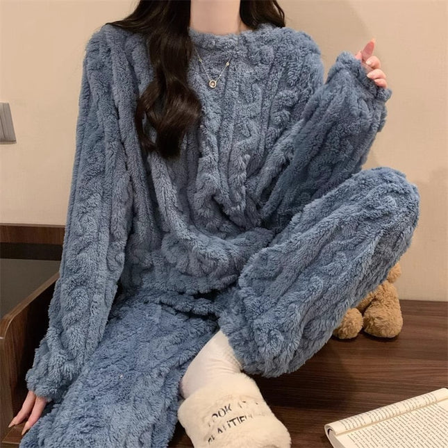 Blue Coral Fleece Jacquard Thermal Pajama Set Autumn/Winter Fleece-Lined Thickened Casual Loungewear