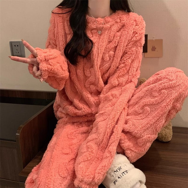 Pink Coral Fleece Jacquard Thermal Pajama Set Autumn/Winter Fleece-Lined Thickened Casual Loungewear