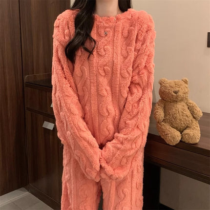 Pink Coral Fleece Jacquard Thermal Pajama Set — Autumn/Winter Fleece-Lined, Thickened, Casual Loungewear