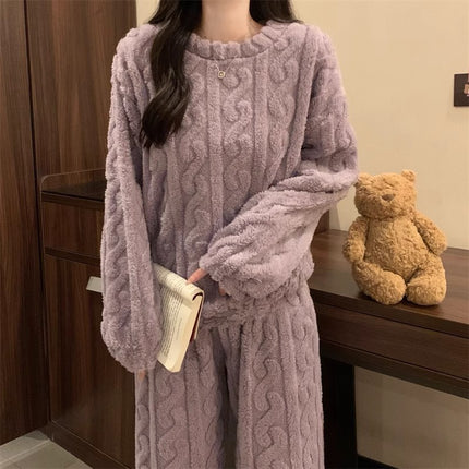 Purple Coral Fleece Jacquard Thermal Pajama Set — Autumn/Winter Fleece-Lined, Thickened, Casual Loungewear