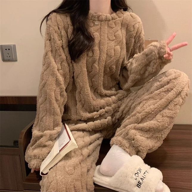 Khaki Coral Fleece Jacquard Thermal Pajama Set Autumn/Winter Fleece-Lined Thickened Casual Loungewear