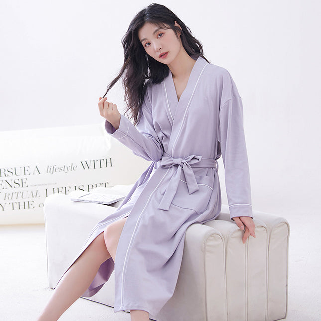 Purple XL size Women's Cotton Robe Autumn/Winter Bathrobe & Morning Gown Long Sleeve Mid-Length Plus