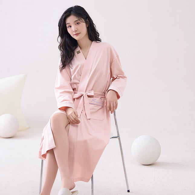 Pink M size Women's Cotton Robe Autumn/Winter Bathrobe & Morning Gown Long Sleeve Mid-Length Plus