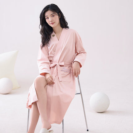 Pink  2XL size Women's Cotton Robe — Autumn/Winter Bathrobe & Morning Gown | Long Sleeve, Mid-Length, Plus Size | Loose, Comfortable, and Machine Washable | Suitable for All Seasons