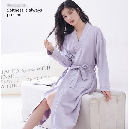 Green M size Women's Cotton Robe — Autumn/Winter Bathrobe & Morning Gown | Long Sleeve, Mid-Length, Plus Size | Loose, Comfortable, and Machine Washable | Suitable for All Seasons