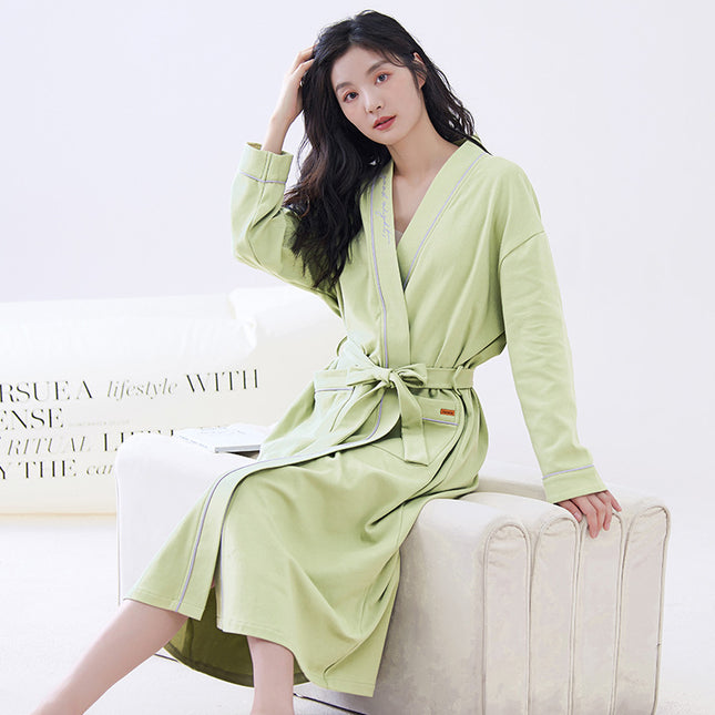 Green L size Women's Cotton Robe Autumn/Winter Bathrobe & Morning Gown Long Sleeve Mid-Length Plus