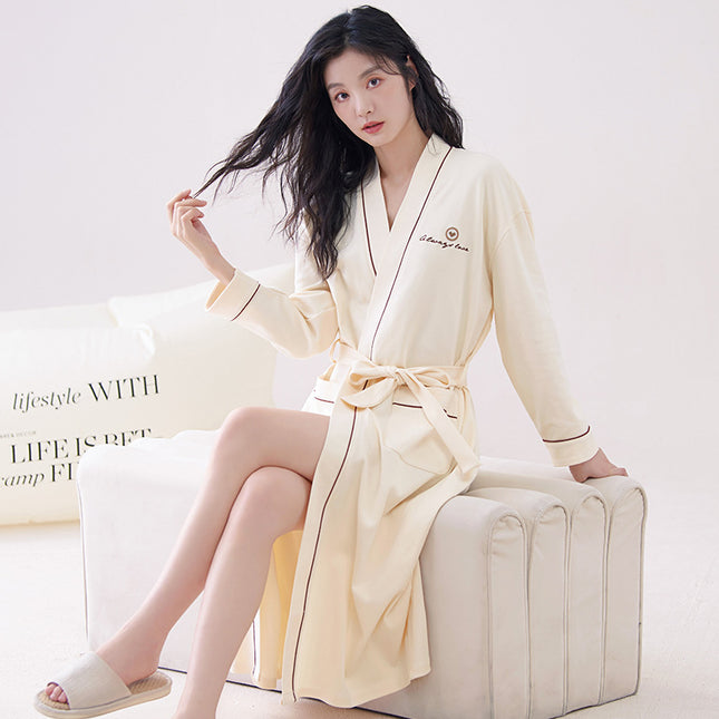 Off-white L size Women's Cotton Robe Autumn/Winter Bathrobe & Morning Gown Long Sleeve Mid-Length