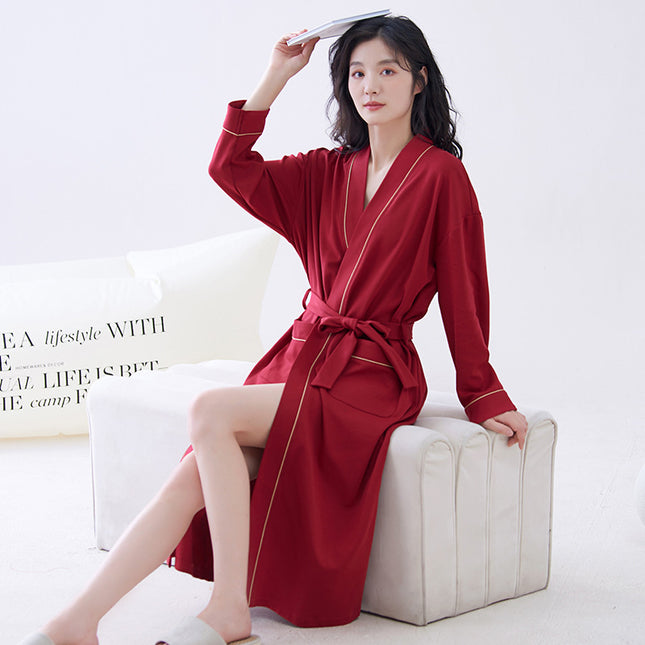 Red L size Women's Cotton Robe Autumn/Winter Bathrobe & Morning Gown Long Sleeve Mid-Length Plus