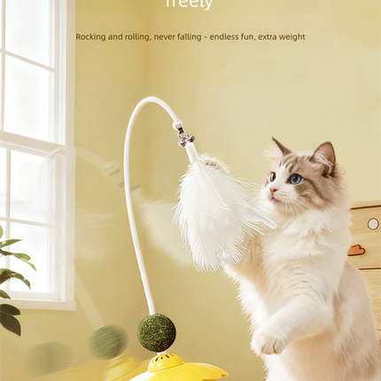Pink 2Pcs Interactive Cat Wobble Toy Set - Dual Ball Turntable & Feeder with Feather Teaser and Catnip Ball - PP Plastic for Kitten Self-Entertainment