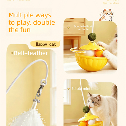 Green 2Pcs Interactive Cat Wobble Toy Set - Dual Ball Turntable & Feeder with Feather Teaser and Catnip Ball - PP Plastic for Kitten Self-Entertainment