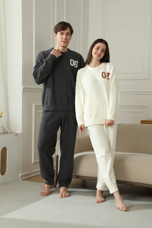 Dark Gray Men's Warm & Cozy Semi-Flannel Couple's Pajamas Knitted Digital Pattern Soft Fleece
