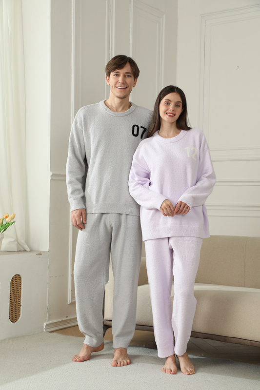 Light Purple Women's Warm & Cozy Semi-Flannel Couple's Pajamas Knitted Digital Pattern Soft