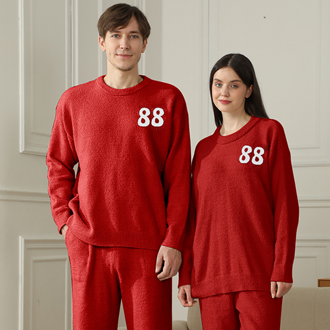 Red Men's Warm & Cozy Semi-Flannel Couple's Pajamas Knitted Digital Pattern Soft Fleece Fabric