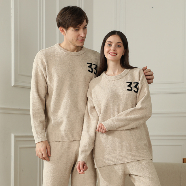 2-Piece Khaki Couples' Pajama Set Warm & Cozy Semi-Flannel Style.Features a knitted digital pattern