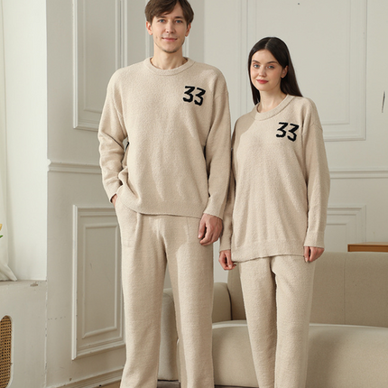 2-Piece Khaki Couples' Pajama Set — Warm & Cozy Semi-Flannel Style. Features a knitted digital pattern, soft fleece fabric, and a pullover design—the perfect choice for home loungewear during the autumn and winter seasons.
