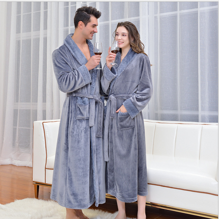 Grey M size Plush Flannel Robe for Couples - Thickened Warm Bathrobe with Shawl Collar, Soft Fleece Material, Unisex Long Style for Winter Home Wear
