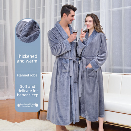 White M size Plush Flannel Robe for Couples - Thickened Warm Bathrobe with Shawl Collar, Soft Fleece Material, Unisex Long Style for Winter Home Wear