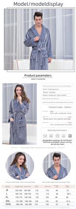 White L size Plush Flannel Robe for Couples - Thickened Warm Bathrobe with Shawl Collar, Soft Fleece Material, Unisex Long Style for Winter Home Wear
