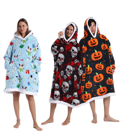 Skull Design Oversized Hooded Blanket for Adults - Ultra Soft & Warm Wearable Fleece Throw with Giant Pocket, Perfect for Winter, Christmas & Valentine's Day