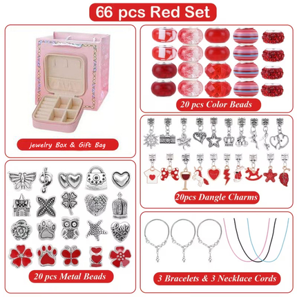 66-Piece Red Gift Bag Craft Set (Includes Beads, Charms, and Storage Case) -Unicorn DIY Bracelet Kit – Creative Jewelry Making Gift for Girls Ages 3+
