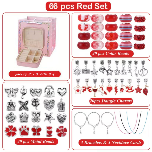 66-Piece Red Gift Bag Craft Set (Includes Beads Charms and Storage Case) -Unicorn DIY Bracelet Kit Creative