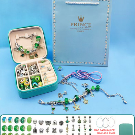 66-Piece Green Gift Bag Craft Set (Includes Beads, Charms, and Storage Case) -Unicorn DIY Bracelet Kit – Creative Jewelry Making Gift for Girls Ages 3+