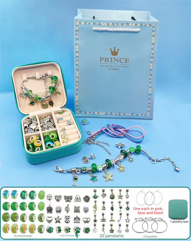 66-Piece Green Gift Bag Craft Set (Includes Beads Charms and Storage Case) -Unicorn DIY Bracelet