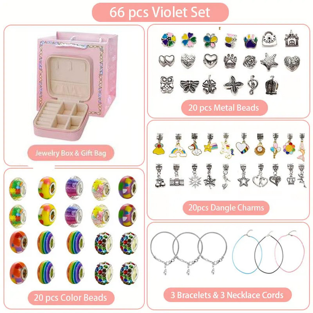 66-Piece Colorful Gift Bag Craft Set (Includes Beads Charms and Storage Case) -Unicorn DIY Bracelet