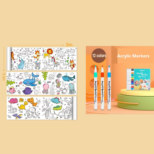 2 Piece- 3M Coloring Scroll Drawing Paper and 12-Color Marker Set Giant Doodle Art Mural for Wall Jumbo