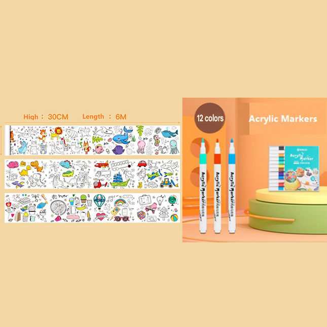 2 Piece- 6M Coloring Scroll Drawing Paper and 12-Color Marker Set Giant Doodle Art Mural for Wall Jumbo