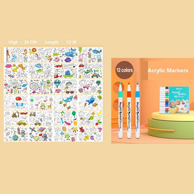 2 Piece- 12M Coloring Scroll Drawing Paper and 12-Color Marker Set Giant Doodle Art Mural for Wall Jumbo
