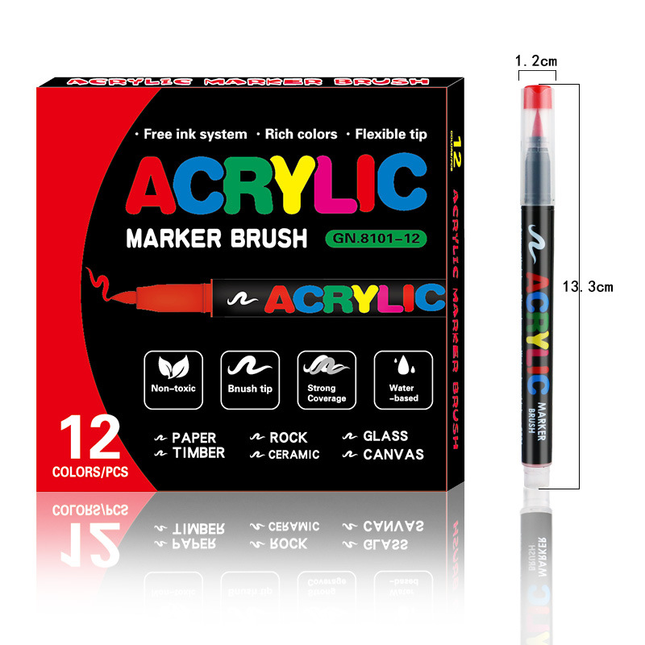 12-Color Liquid Acrylic Paint Markers Soft Brush Tip Art & Painting Supplies Automatic Ink Control