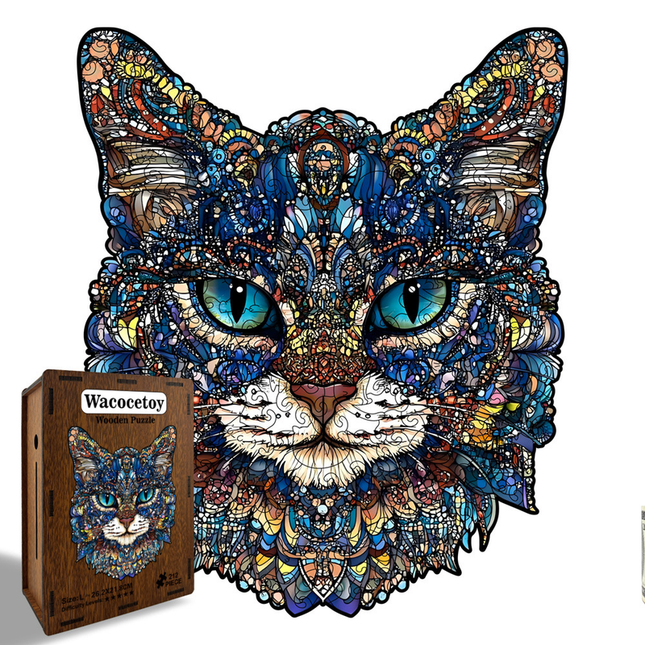 L Style Blue-Eyed Cat Wooden Jigsaw Puzzle -Irregular Animal Shaped Puzzle with DIY Piggy Bank