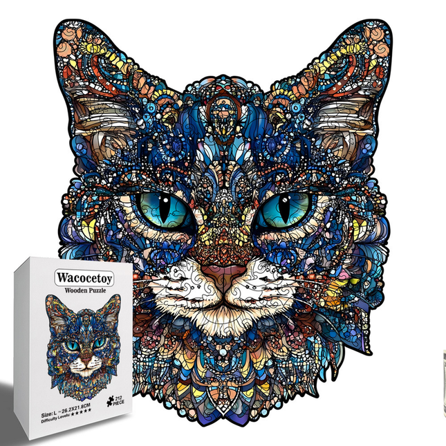 L Style Blue-Eyed Cat Wooden Jigsaw Puzzle -Irregular Animal Shaped Puzzle Laser Cut 3D Craft Stress Relief