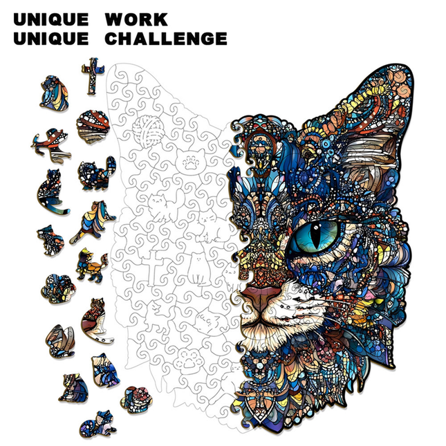 L Style Blue-Eyed Cat Wooden Jigsaw Puzzle -Irregular Animal Shaped Puzzle Laser Cut 3D Craft Stress – product detail