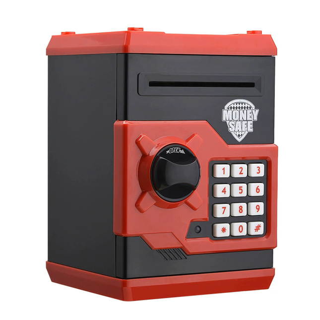 Black and Red Electronic Password Piggy Bank An ATM-style automatic money-rolling safe featuring