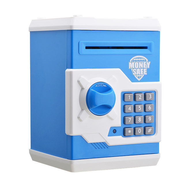 Blue and White Electronic Password Piggy Bank An ATM-style automatic money-rolling safe featuring