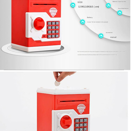 Blue and White Electronic Password Piggy Bank — An ATM-style automatic money-rolling safe featuring a digital keypad lock, 4-digit password security, and a coin slot. Powered by three AA batteries (not included), this educational and developmen
