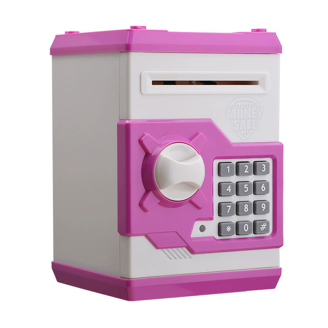 White and Pink Electronic Password Piggy Bank An ATM-style automatic money-rolling safe featuring