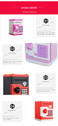 Yellow and Blue Electronic Password Piggy Bank — An ATM-style automatic money-rolling safe featuring a digital keypad lock, 4-digit password security, and a coin slot. Powered by three AA batteries (not included), this educational and developme