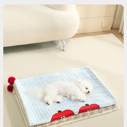 M size 2-Piece Plaid Apple Pet Blanket and Pillow Set - Soft Cotton Plush Sleeping Mat for Dogs and Cats, All-Season Reversible Cushion Bed with Cute Bear Pillow, Machine Washable Pet Bed Accessories