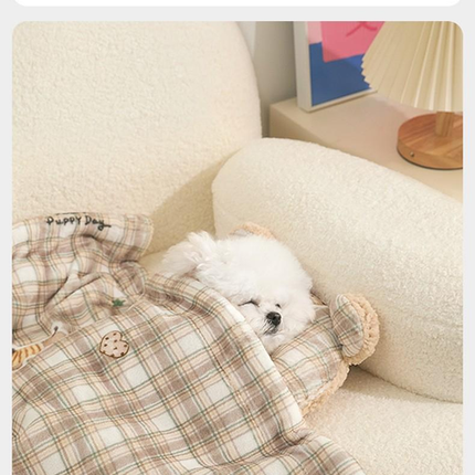M size 2-Piece Plaid Puppy Pet Blanket and Pillow Set - Soft Cotton Plush Sleeping Mat for Dogs and Cats, All-Season Reversible Cushion Bed with Cute Bear Pillow, Machine Washable Pet Bed Accessories