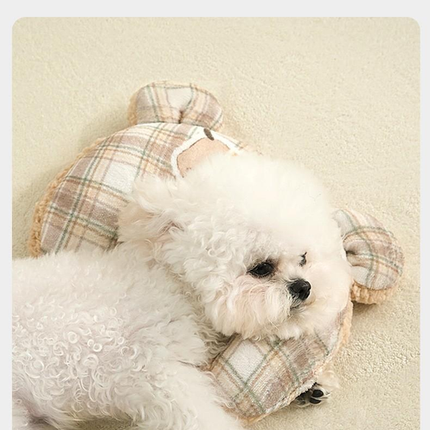 M size 2-Piece Plaid Puppy Pet Blanket and Pillow Set - Soft Cotton Plush Sleeping Mat for Dogs and Cats, All-Season Reversible Cushion Bed with Cute Bear Pillow, Machine Washable Pet Bed Accessories