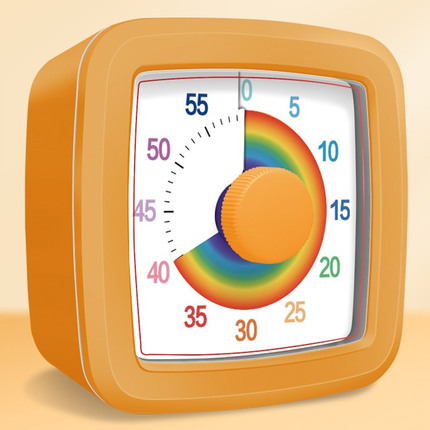 Orange Visual timer for kitchen – a 60-minute rainbow countdown timer, silent operation, suitable for cooking, studying, and everyday tasks. Battery powered (batteries not included), made of ABS plastic