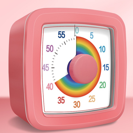 Pink Visual timer for  kitchen – a 60-minute rainbow countdown timer, silent operation, suitable for cooking, studying, and everyday tasks. Battery powered (batteries not included), made of ABS plastic