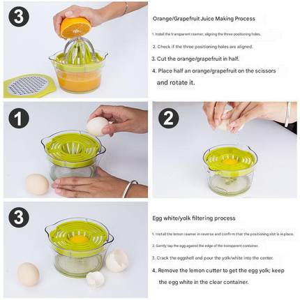 4-in-1 Manual Citrus Juicer with Grater and Egg Separator -Free Multi-Function Hand Press Lemon Orange Squeezer - Kitchen Gadget for Fresh Juice, Zest, and Cooking Prep