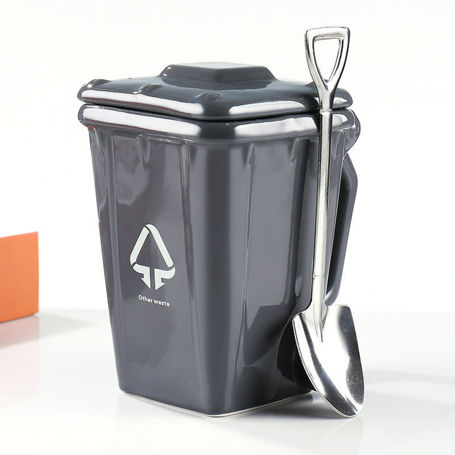 Grey Creative Trash Can Ceramic Mug with Shovel V888-ELOSUNG50282
